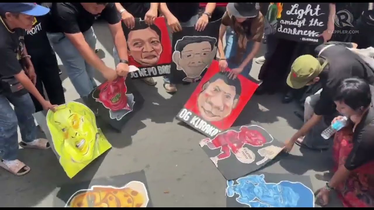 Protesters in Cebu City tear up images of flood control corruption 'main characters'