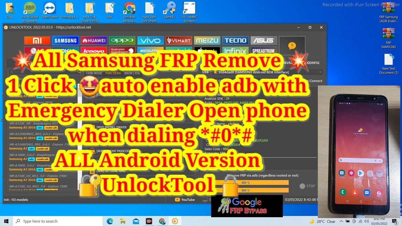 All Samsung Remove FRP 1 Click auto enable adb with Emergency Dialer Open phone when dialing *#0*#