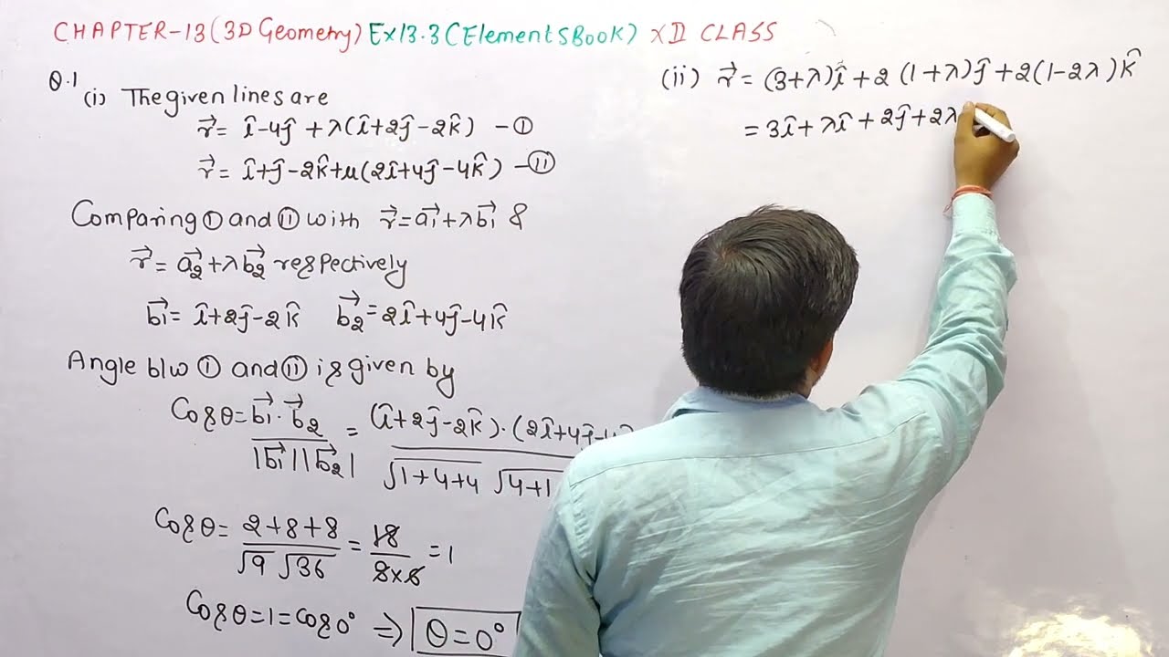 Find the angle between the lines→ r=(3+λ)ˆi+2(1+λ)ˆj+2(1–2λ)ˆk and →r=5ˆj−2ˆk+μ(3ˆi+2ˆj−6ˆk).