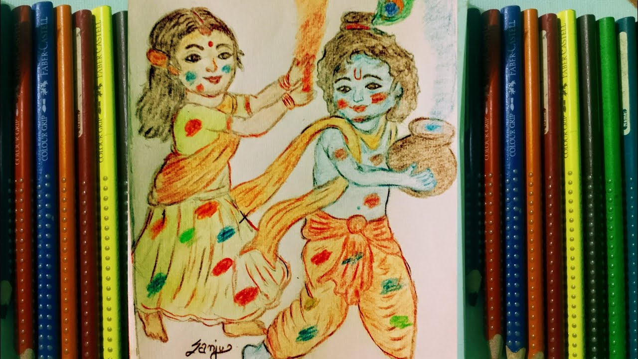 Radha krishna playing holi drawing| Divine love of radha krishna beautiful holi drawing। How to draw