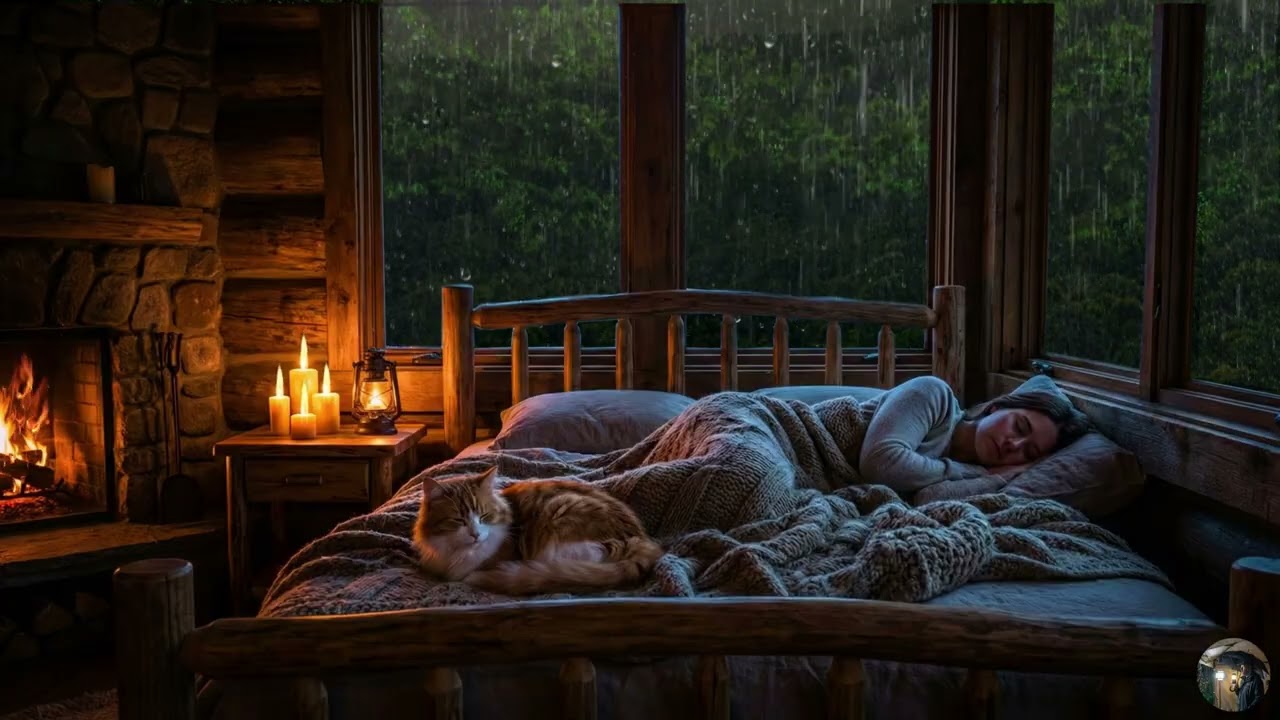 Cozy Rain Night in a Wooden Cabin – Fireplace Crackles for Calm Sleep