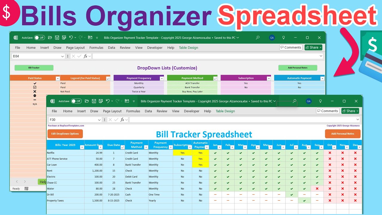 Monthly Bill and Subscriptions Tracker Spreadsheet App: Organize you finances