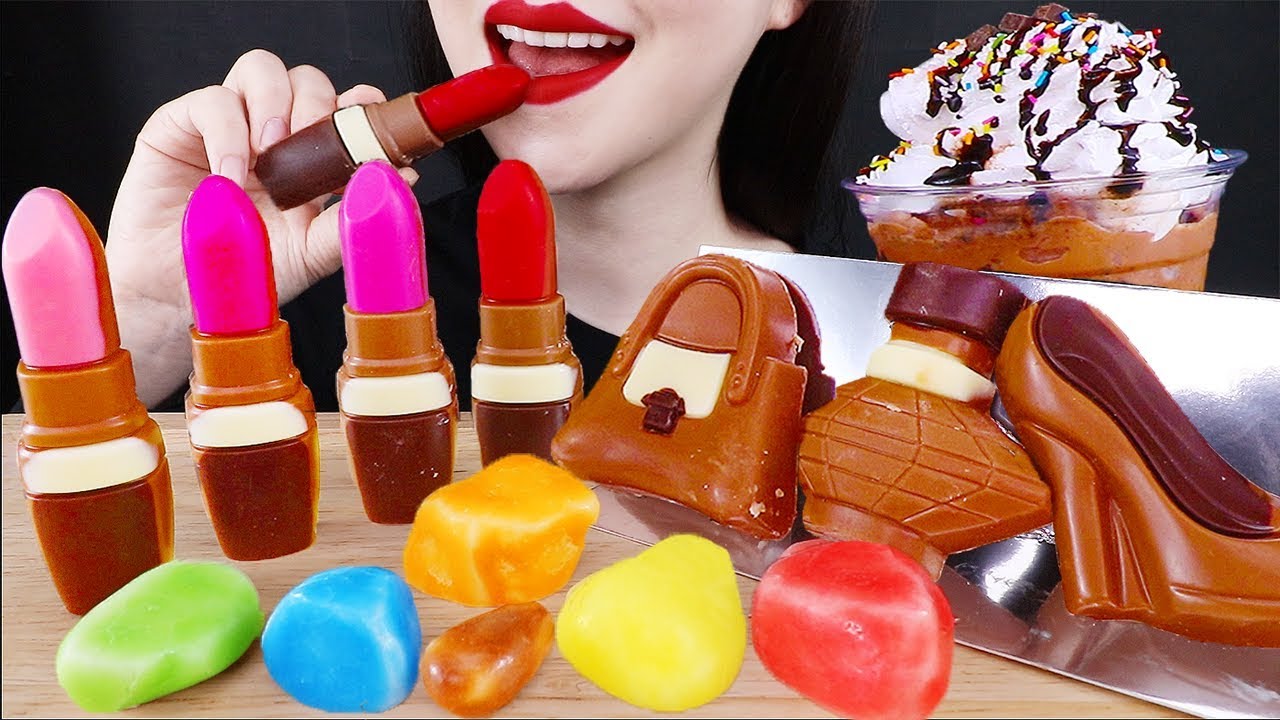 ASMR EDIBLE LIPSTICK BAG ORAL CHOCOLATE & CHEWING CANDY & CHOCOLATE FRAPPUCCINO & NANA EATING SOUND