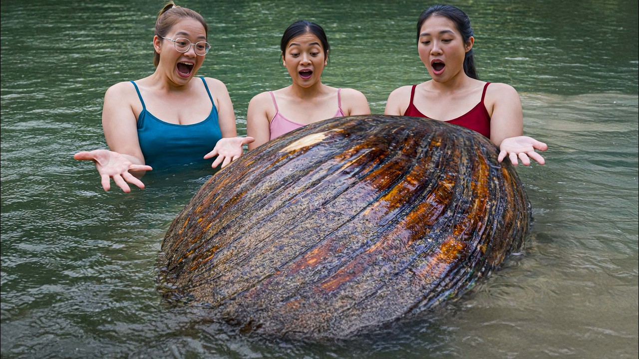 Giant 20kg Clams Grilled on Fire – Village Cooking