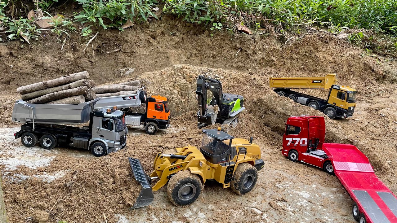 Aksi #80 Dump Truk RC Huina 1598, Truk Merci Muatan Kayu Bahan Bangunan, Excavator Besar Huina 1593 
