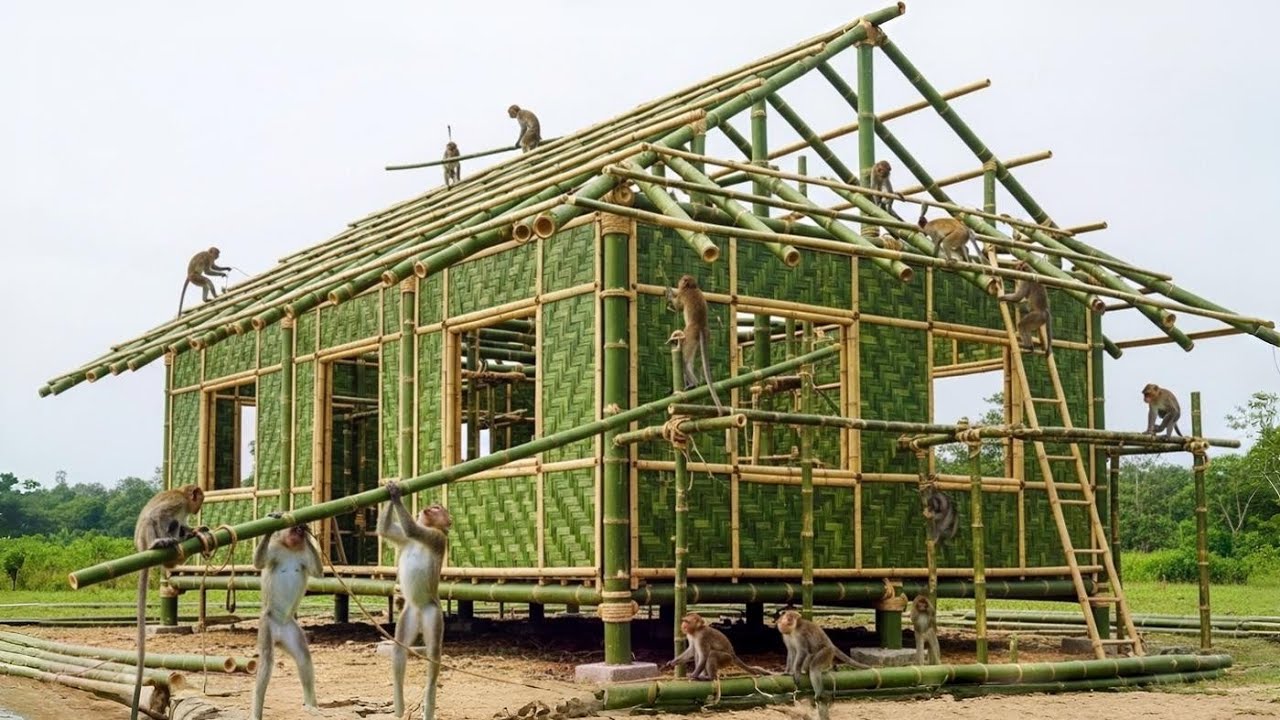 Highly Skilled Monkeys Making a Bamboo House In The Jungle
