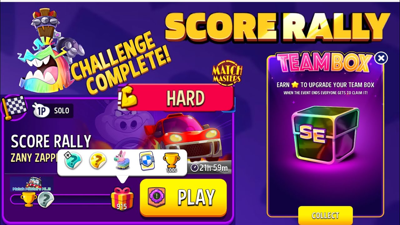 Score Rally HARD ZANY ZAPPERS 915 points Match Masters Solo TEAM BOX Complete