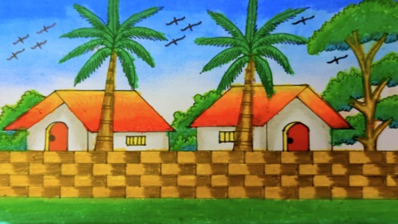 How to Draw a How to Draw a Beautiful Village Scenery with Brick Wall | Step by Step Easy Art