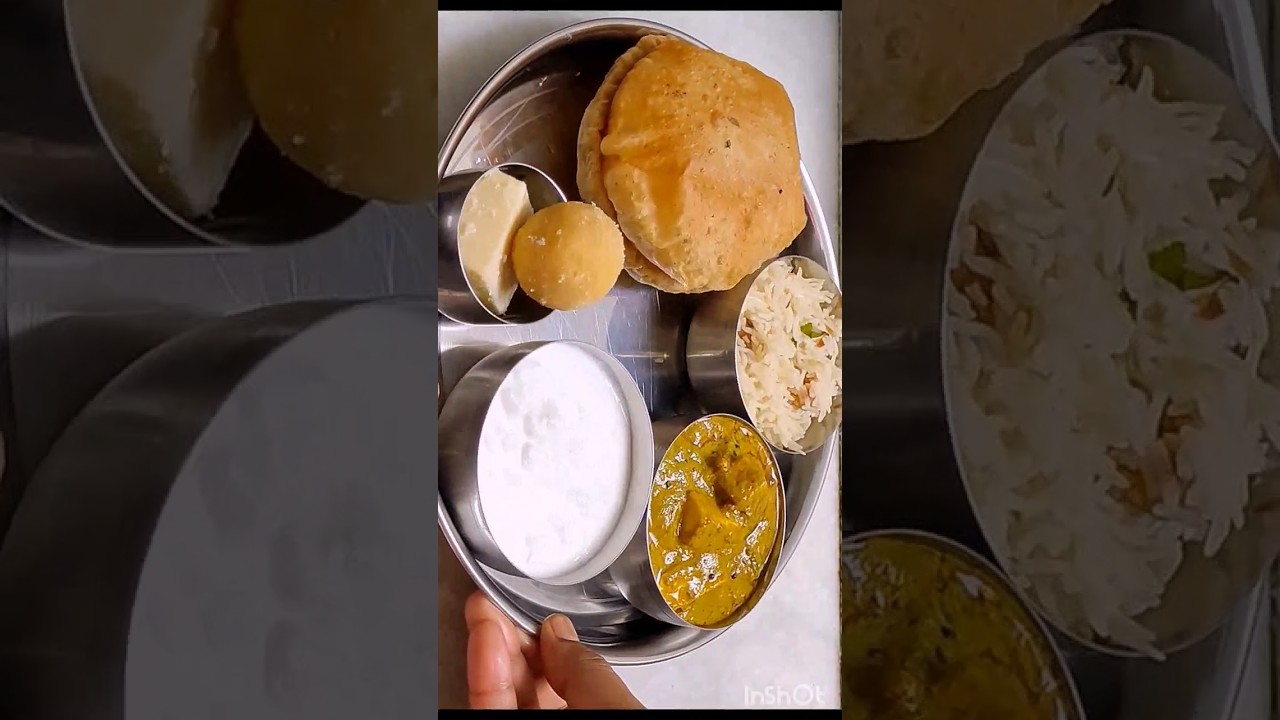 Veg Thalli Without onion garlic! #yashika #food #palakpaneer,#masalapuri,#pulao,