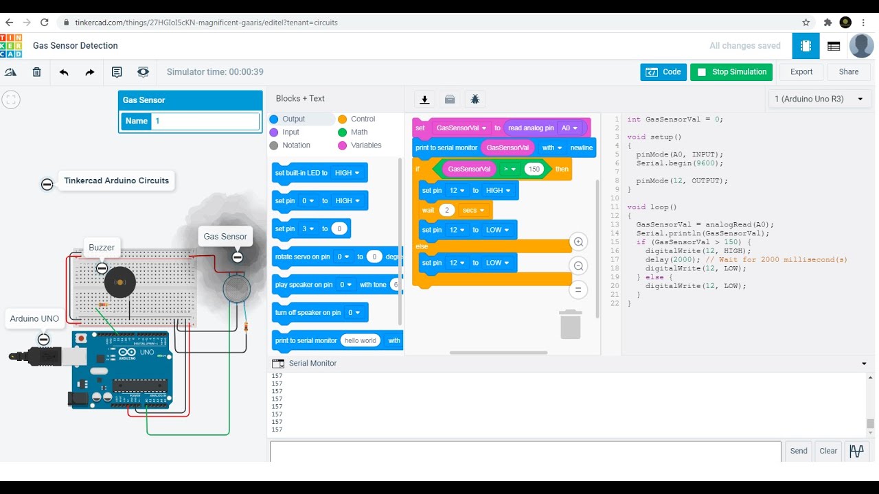 Tinkercad Arduino Project: Gas Detection