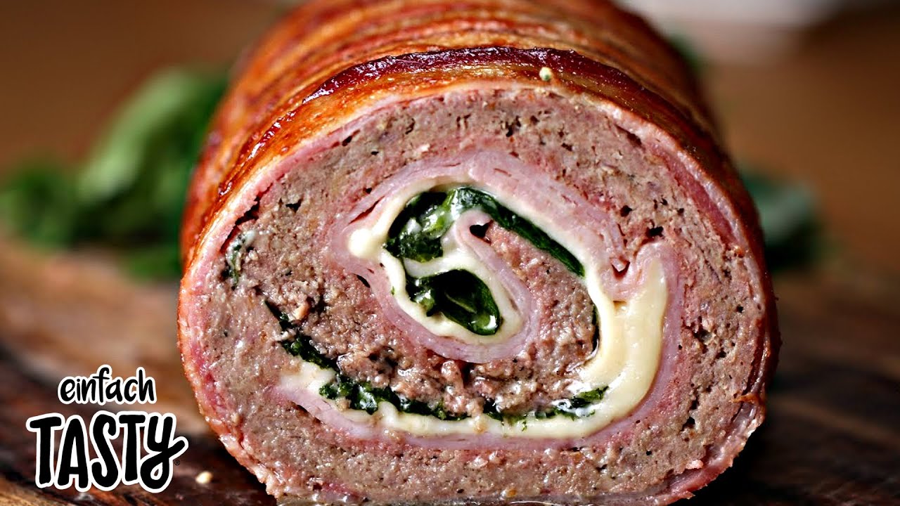 Hackfleischrolle mit Schinken, Bacon und Käse