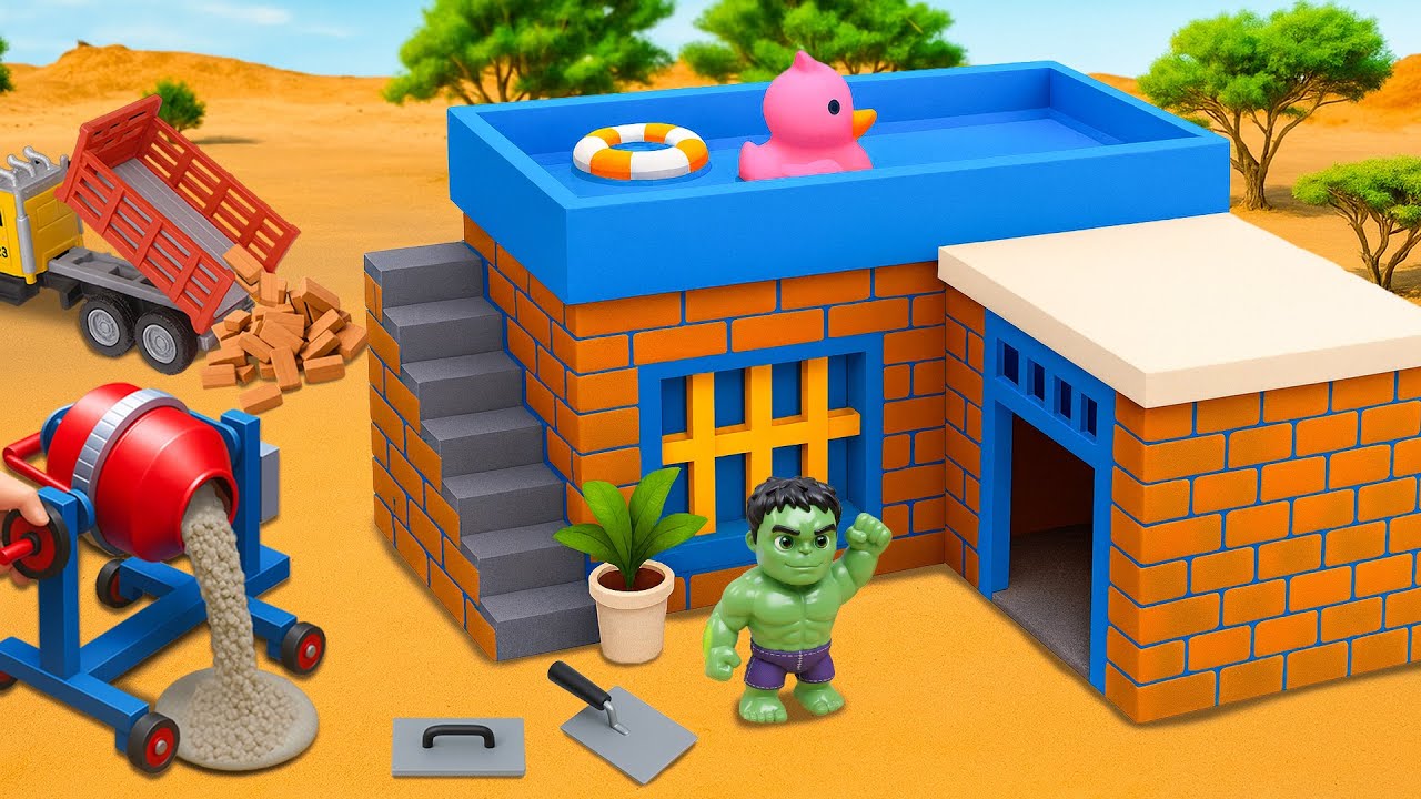 DIY Hulk Used Cement Mixer to Build a Modern Mini Brick House with Rooftop Pool | Science Project