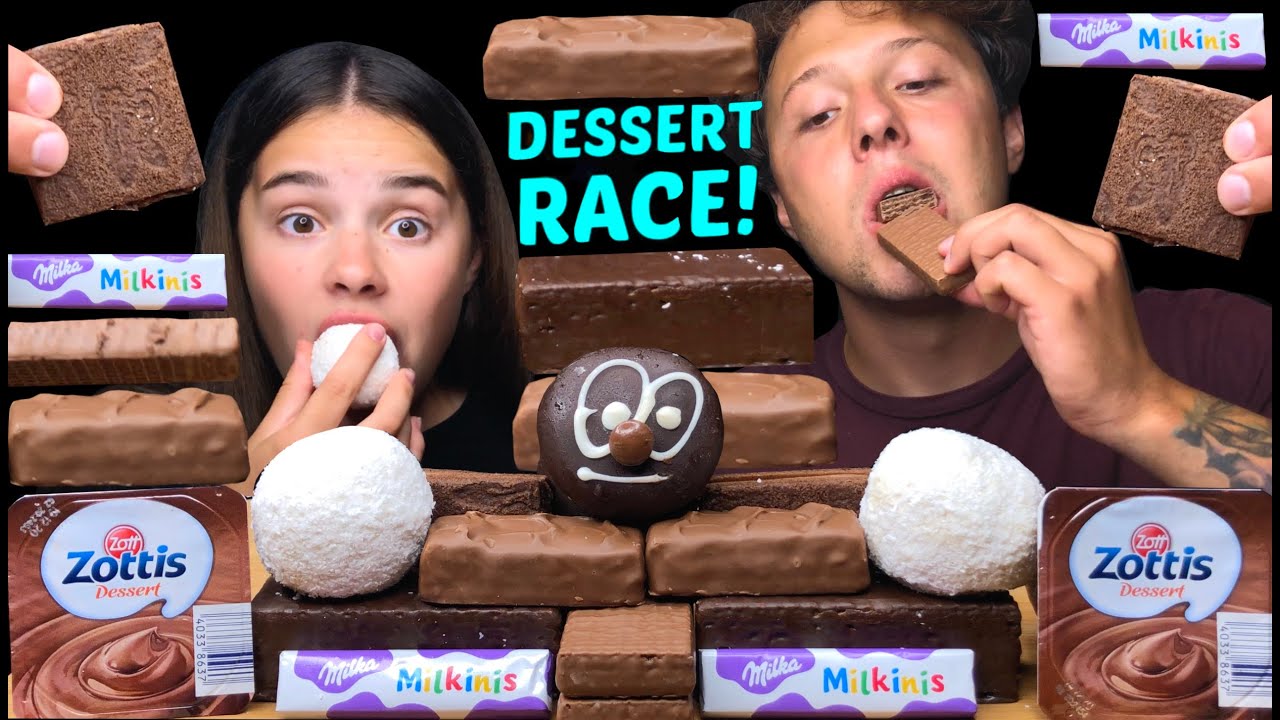 ASMR LEFTOVER CHOCOLATE DESSERT RACE EATING (MILKA, NESQUIK, SNOWBALL CAKE) 먹방 | Tati ASMR