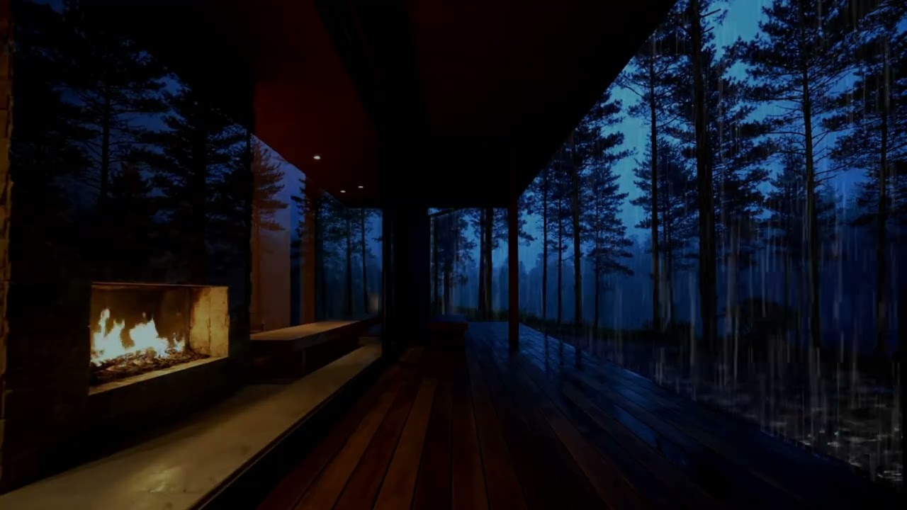 Peaceful Cabin Rain Sounds with Fireplace at Night | Ambience for Stress Relief