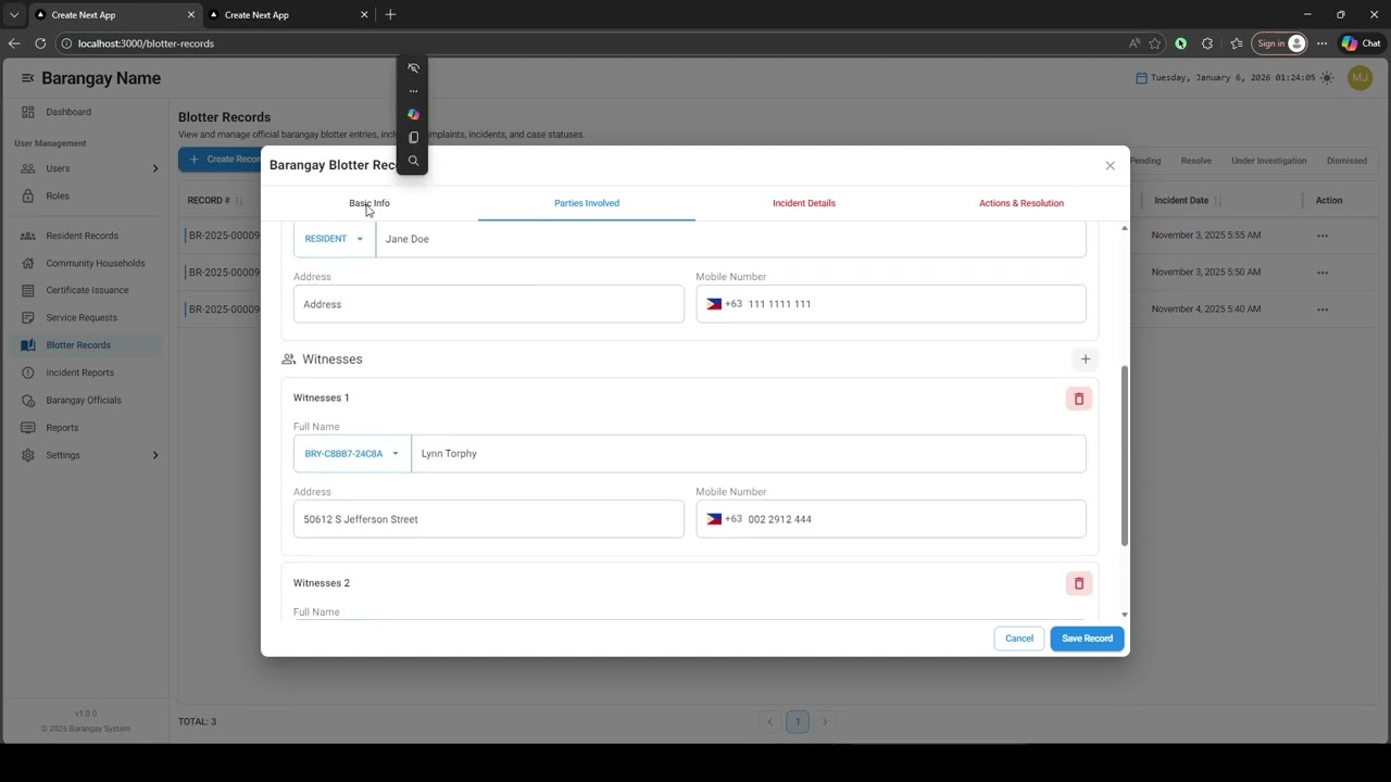 Barangay Information System | Part 3 | Blotter Records
