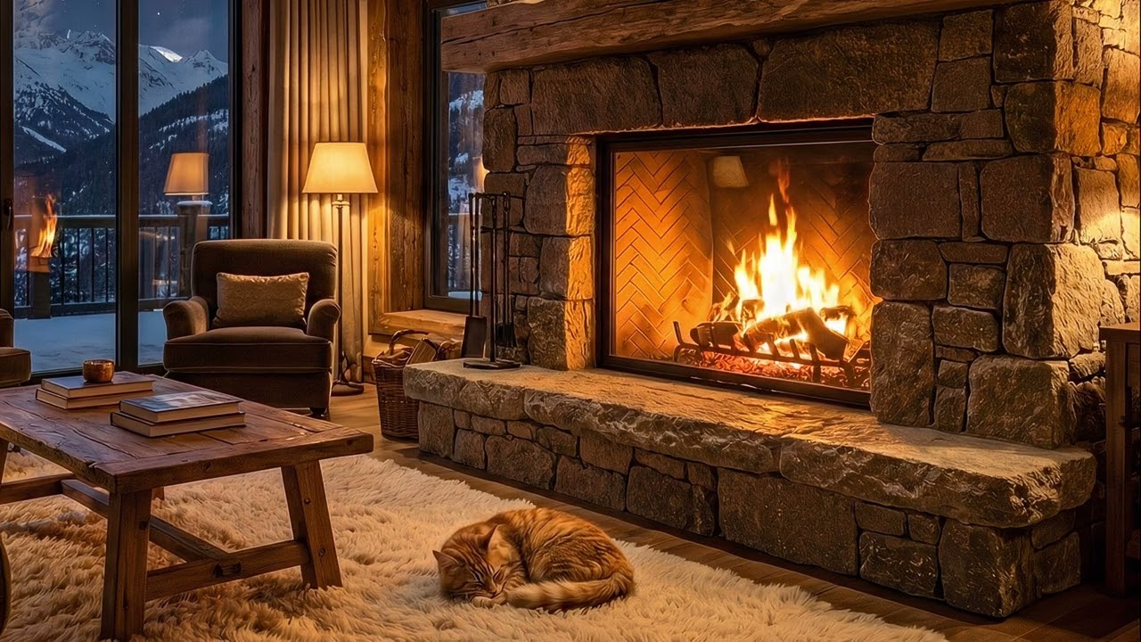 Cozy Fireplace & Sleeping Cat 🐈 Relaxing Piano Jazz | Warm Night Ambience