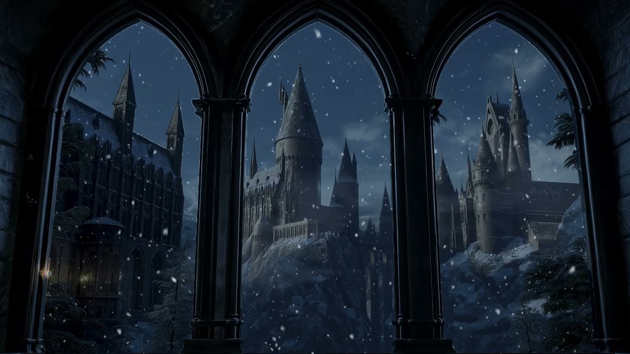 Hogwarts Snowy Castle Window Ambience with Soft Wind Sounds for Relaxation, Study & Sleep