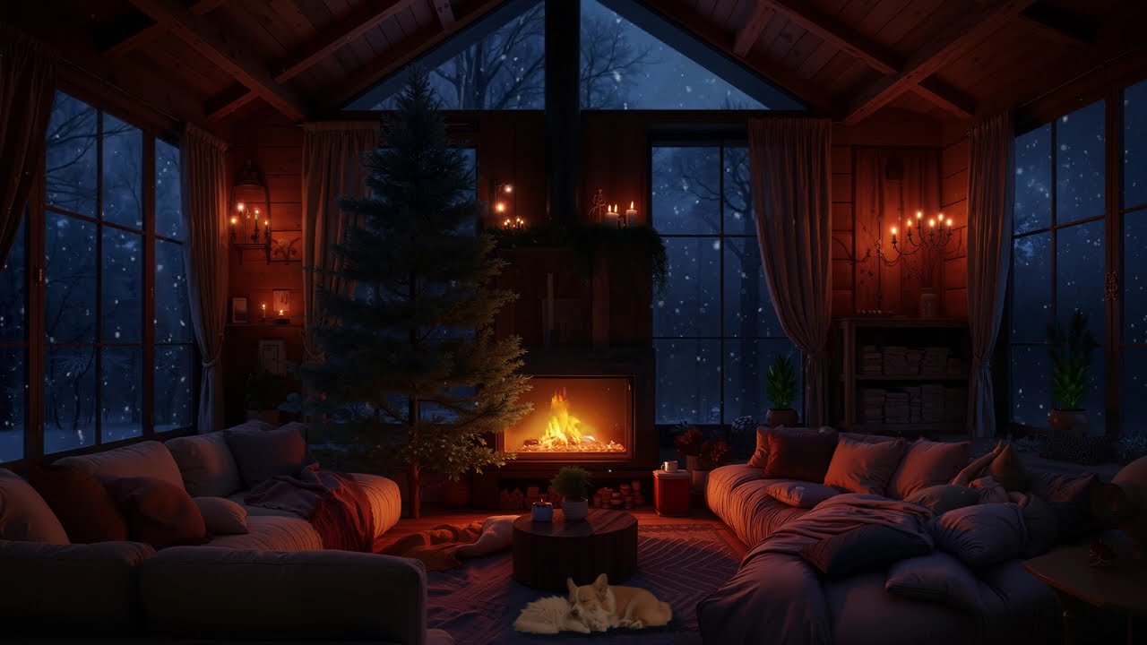 Relaxing Winter Snowfall with Soft Jazz Music on Cozy Cabin Ambience ⛄ Fireplace Sounds for Unwind