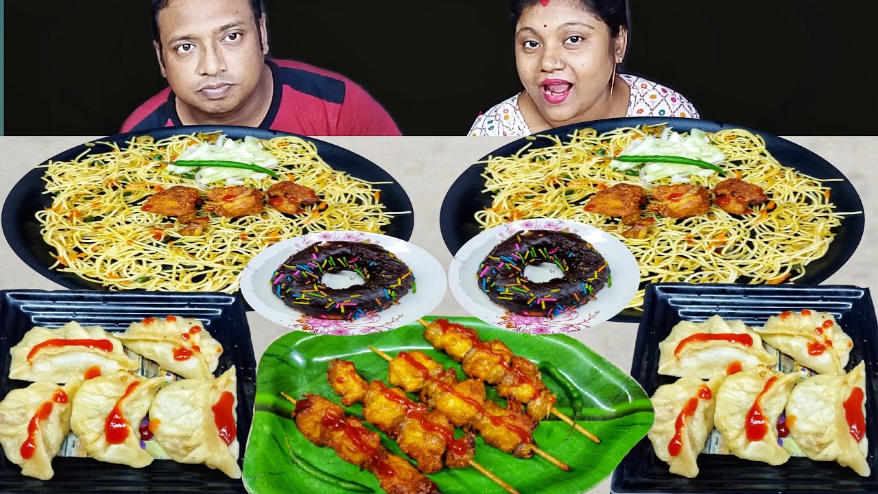 INDIAN STREET FOOD CHICKEN MOMO CHOWMIN CHICKEN SATAY CHOCOLATE DONUT CHALLENGE / food family blogs 