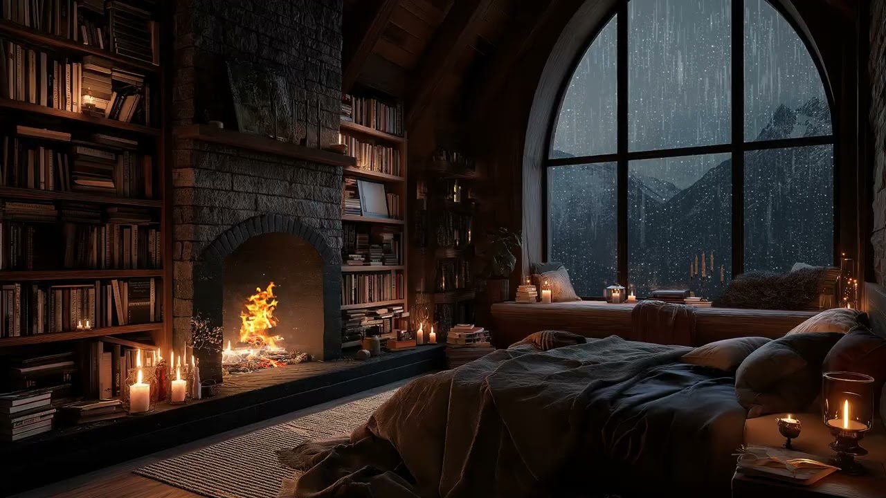 Calming Rainy Night ❄️ Fireplace ASMR for Focus & Study (3 Hours)