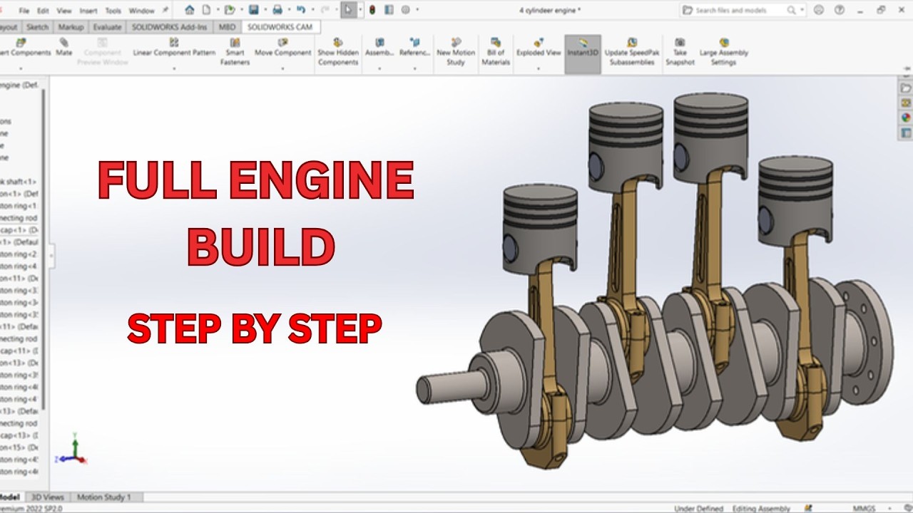 4 Cylinder Engine Full Assembly in SolidWorks | Sketch to Animation | Hindi/Urdu + English