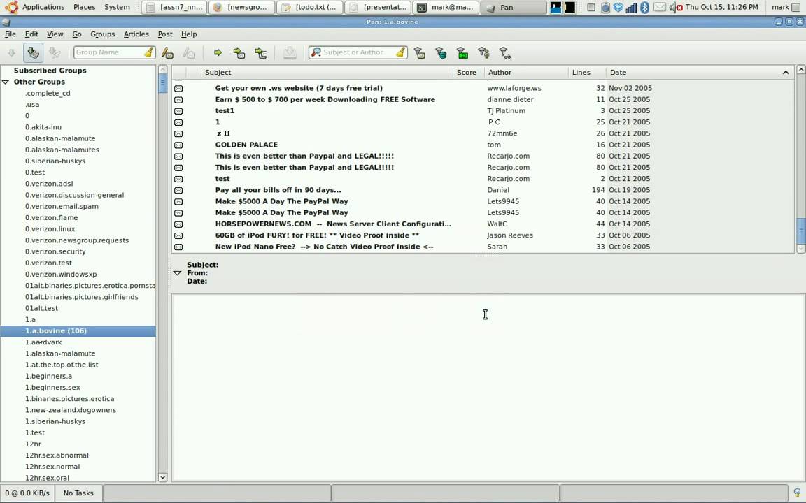 Using PAN to connect to my local news server and read articles, see groups.