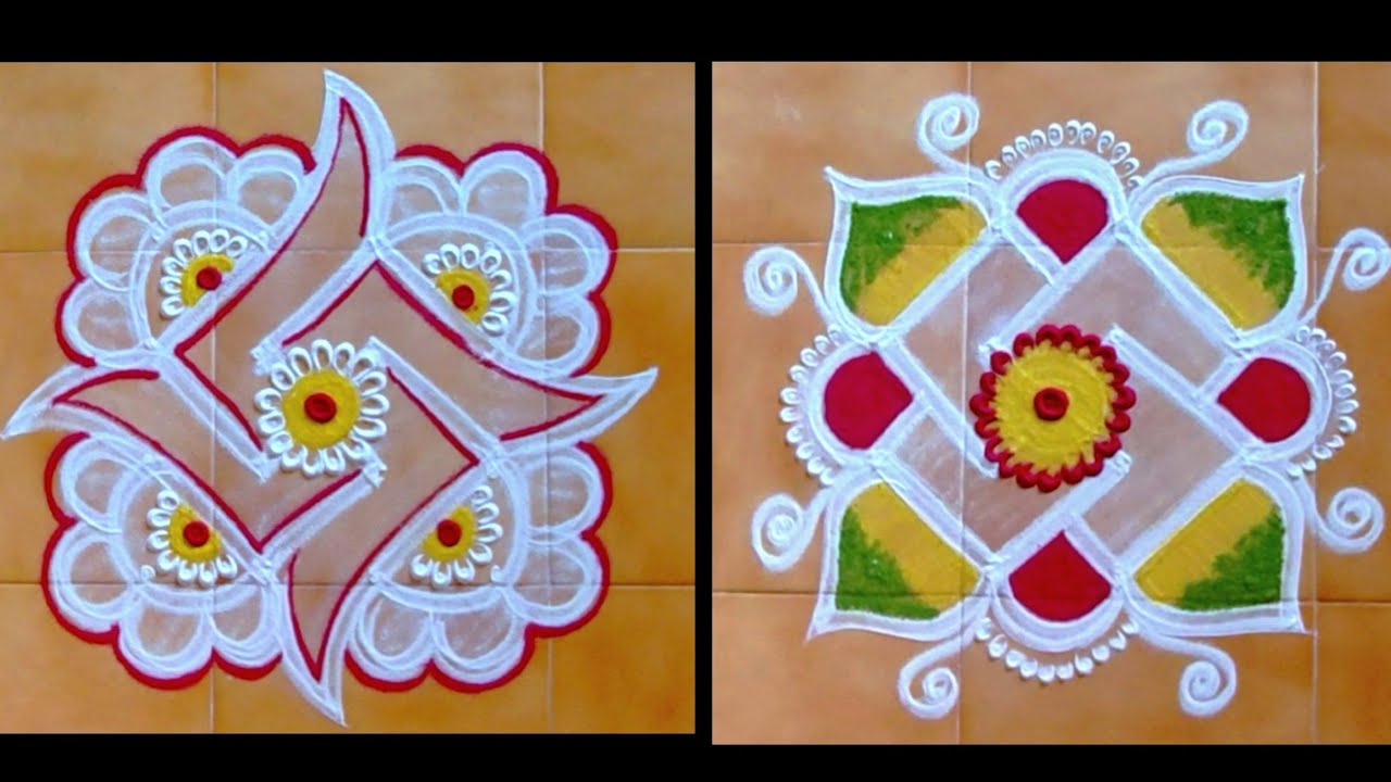Swastik colour rangoli design Kolangal 4×4 dots Thiru Aarooran kolangal
