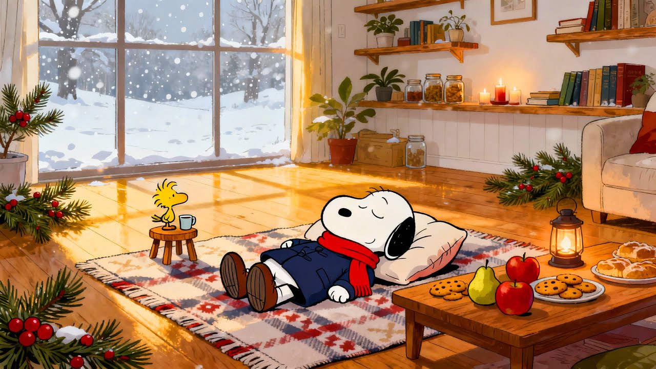 ❄️ Snoopy Cozy Winter Nap ☕ Soft Lo-fi Beats, Snowfall Outside & Warm Indoor Calm | Relax & Sleep