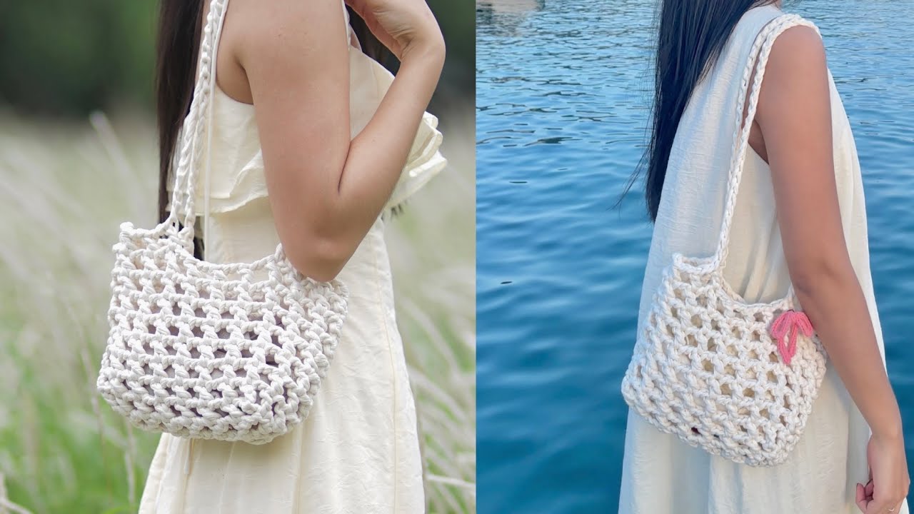 Crochet Net Bag 🤍 Cách móc túi lưới đeo vai bằng sợi vải đơn giản