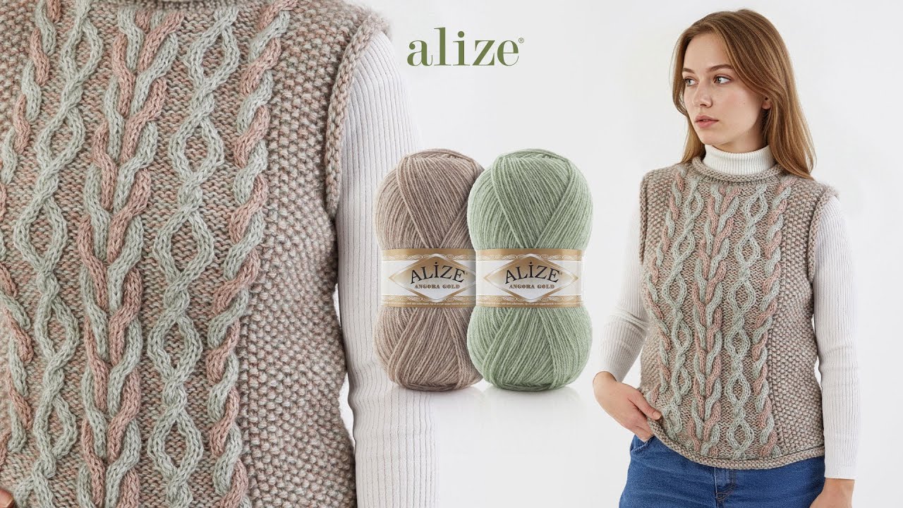 Двухцветный свитер с косами и пряжей Alize Angora Gold