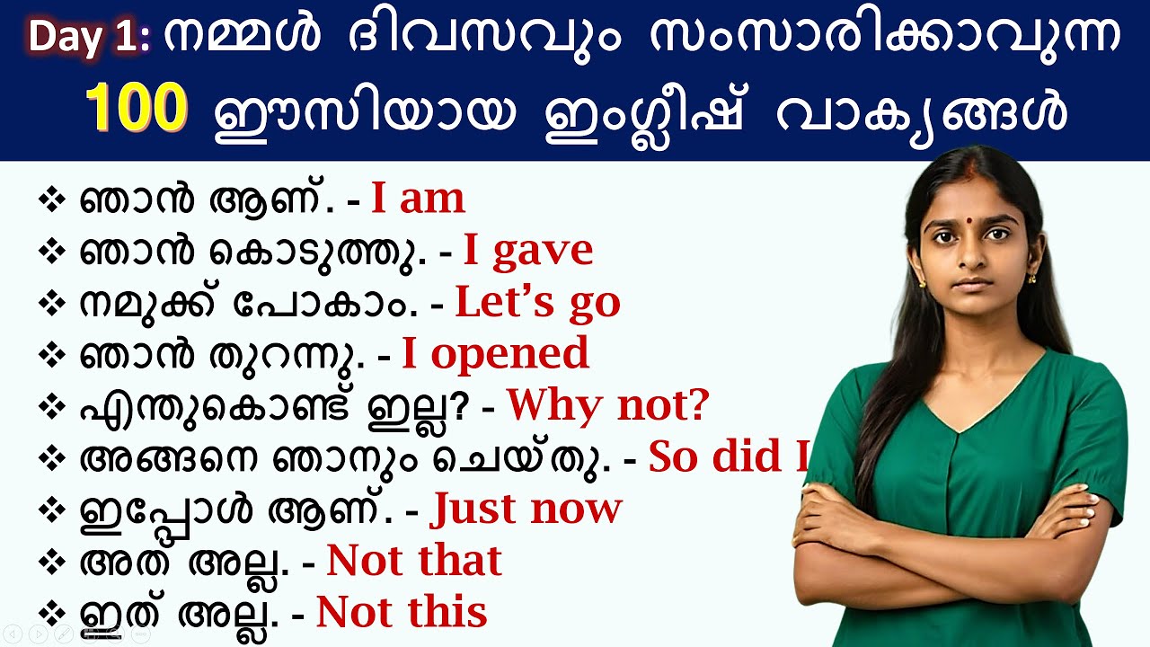 Day 1: 100 ചെറിയ Spoken English sentences | Daily use sentences with Malayalam meaning