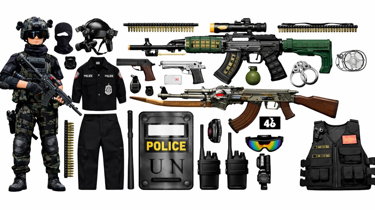 Unboxing special forces toy set, including SCAR assault rifle, electric submachine gun, Glock pistol
