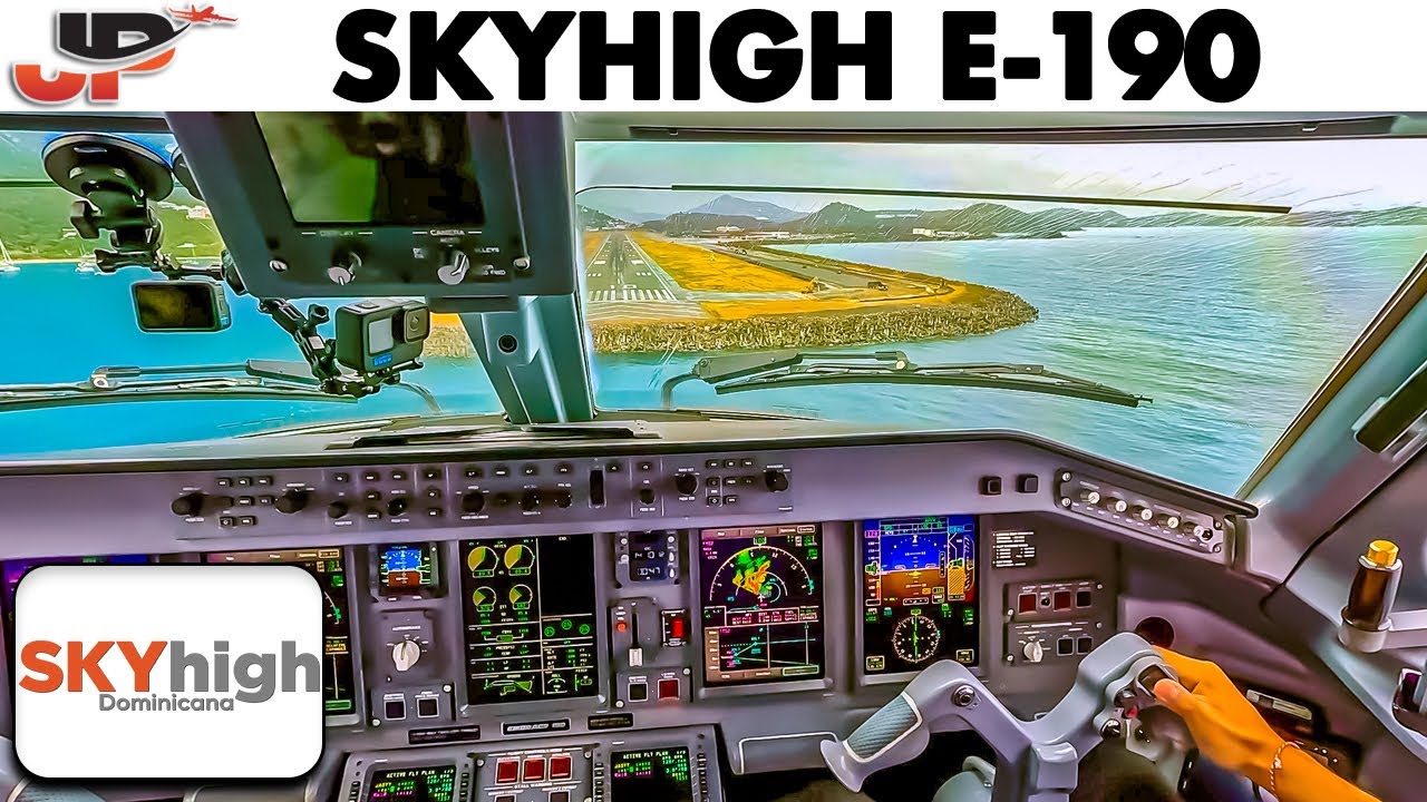 Wet Runway at St Thomas in SkyHigh E-190 Cockpit Landing & Takeoff