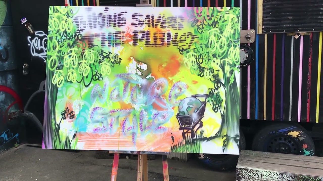 Biking saves the planet freehand spraycan art on canvas 2022 #atelierbomber #art #green #aerosolart