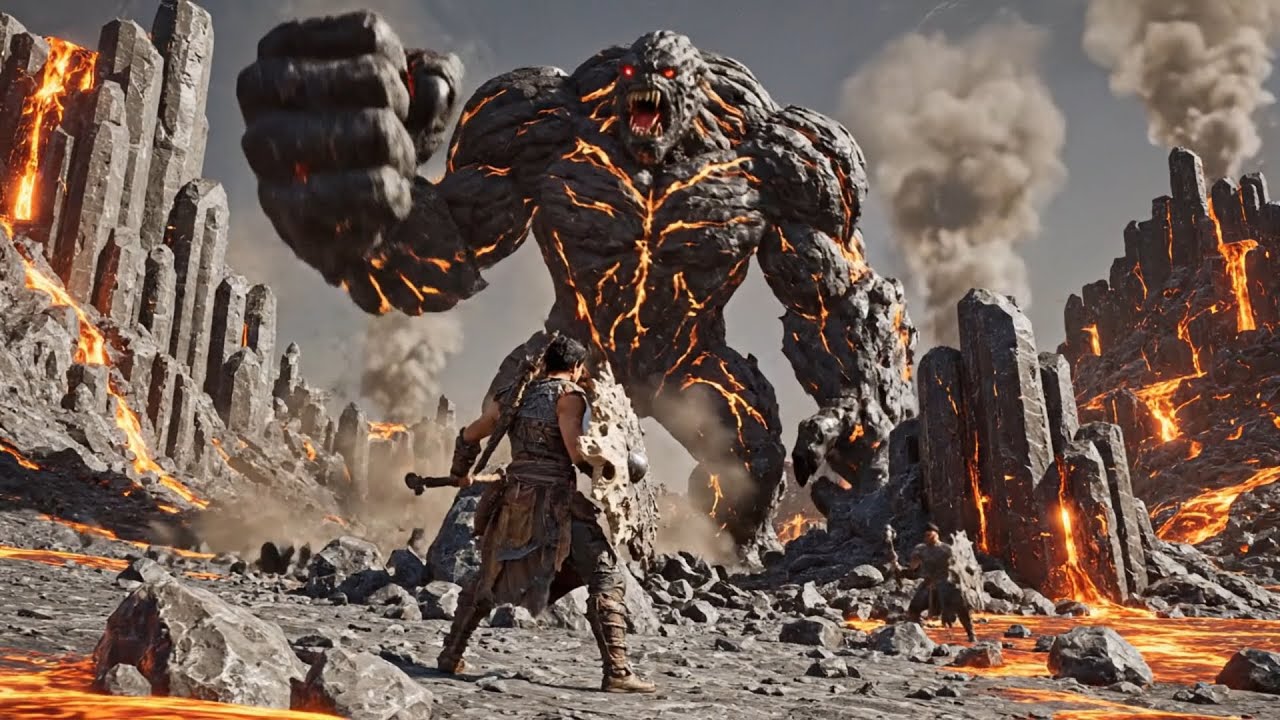 Ancient Fire Colossus Beneath Ashen Skies
