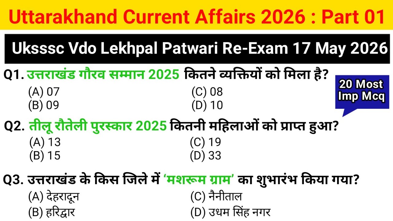 Uttarakhand Current Affairs 2026 | UKSSSC VDO VPDO Patwari Lekhpal Re-Exam 2026 | Important MCQs