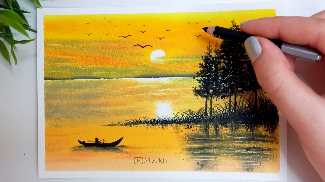 Very Easy and beautiful sunset painting!🤩|Easy Oil Pastel Tutorial for Beginners