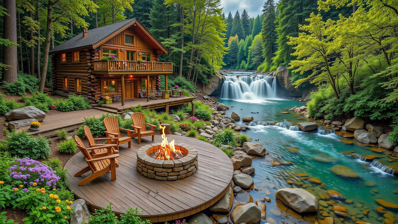Early Spring with Soothing Piano Music 🌷🔥 Relaxing Crackling Campfire with Birdsounds at Lakeside