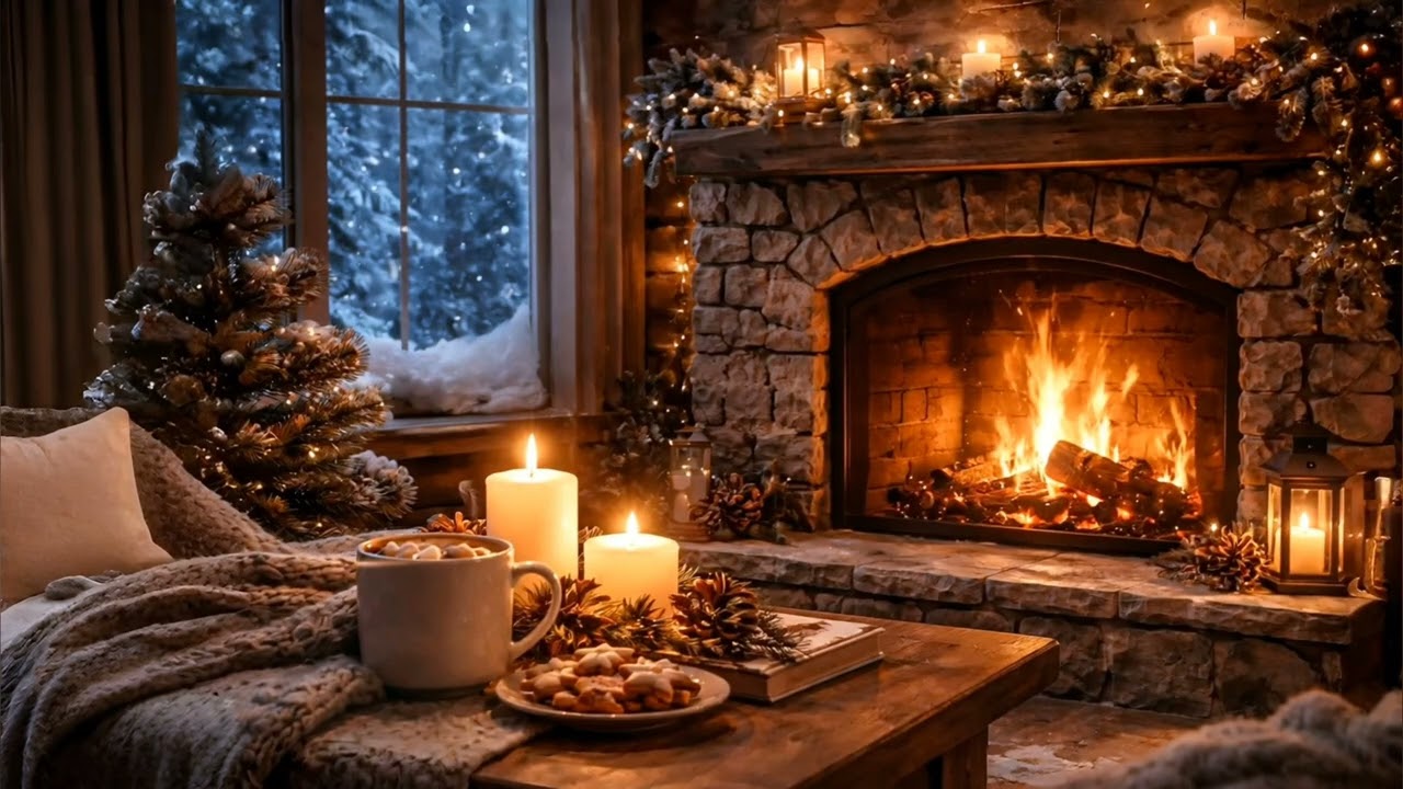 Cozy Fireplace Christmas Ambience | Crackling Fire Sounds & Snowfall for Sleep, Relaxation (3 Hours)