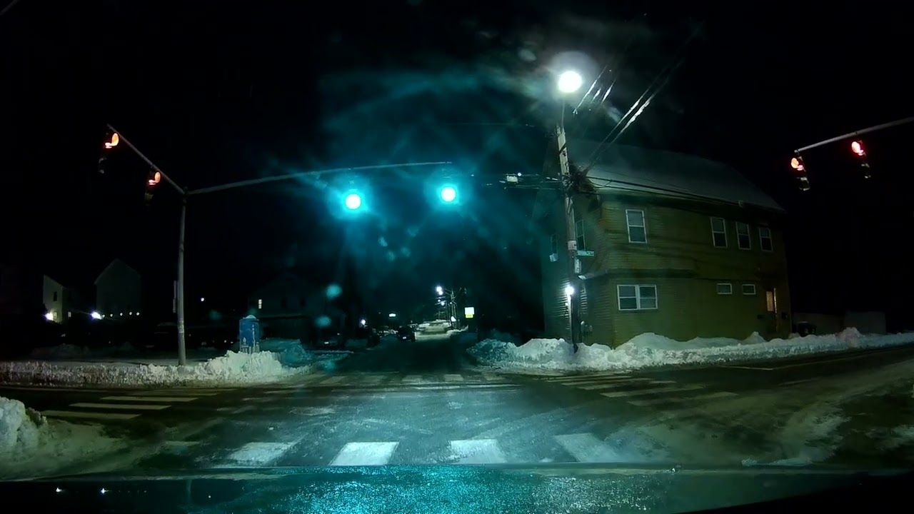 Wintery nighttime drive from Federal Hill in Providence to Lincoln, Rhode Island