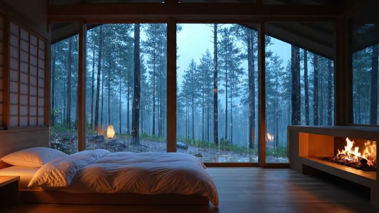 Dreamy Forest Cabin - Light Rain & Fireplace Ambience 3 Hours for Calming Anxiety
