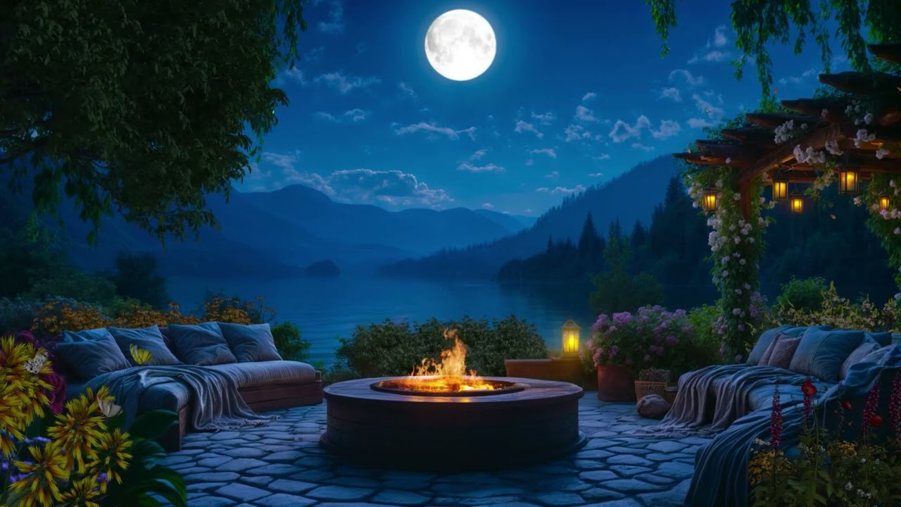 Cozy Spring Night Under Moonlight | Burning Campfire and Fireplace Sounds for Sleep