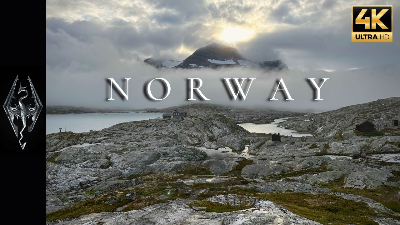 4K Virtual Hike - Skyrim Ambience OST and Relaxing Nature Sounds in Scenic Norwegian Mountains
