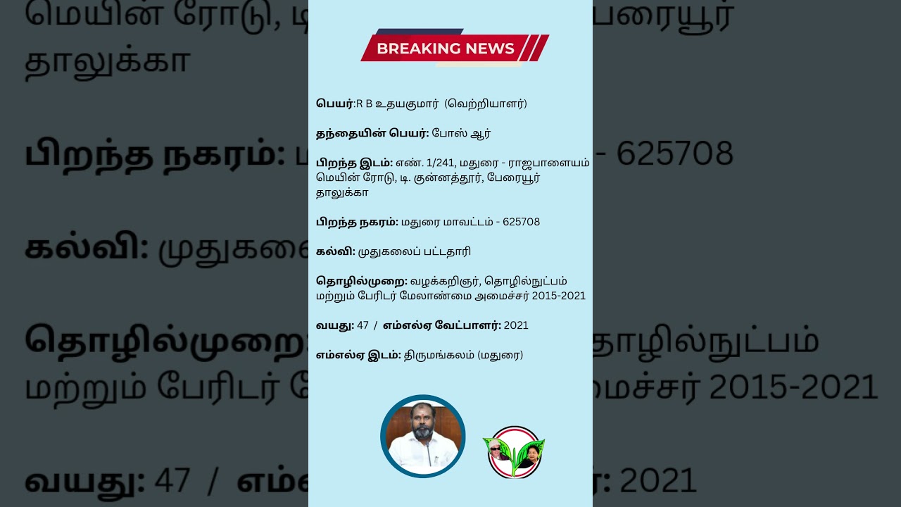 Thirumangalam MLA - R B Udhayakumar - AIADMK (2021 - 2026)