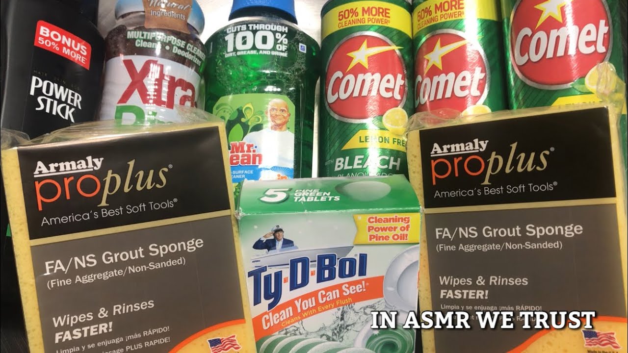 ASMR 🍃 Happy 420 ✨New Proplus FA/NS Grout Sponges✨ Xtra Pine, Mr.Clean Gain, 🌲 Ty-D-Bol, 🍋 Comet