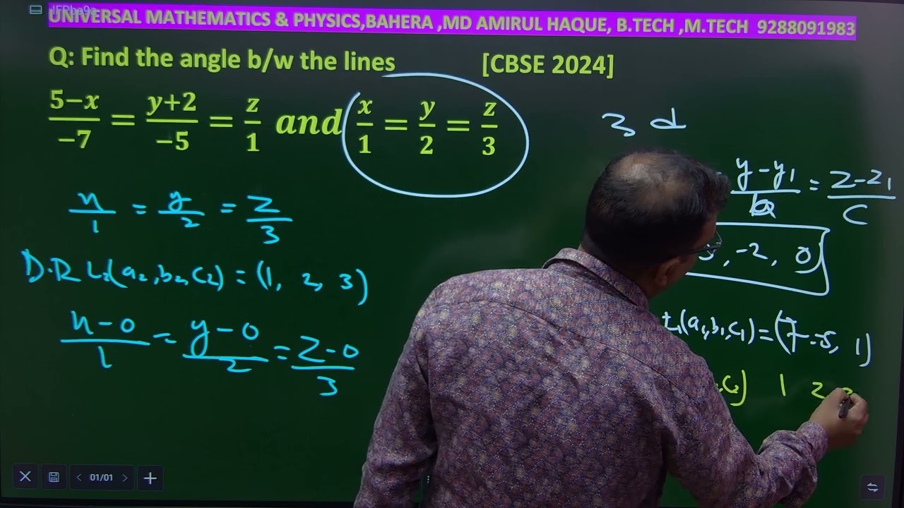 Find angle between the  lines  5-x/-7=y+2/-5=z/1 and x/1=y/2=z/3