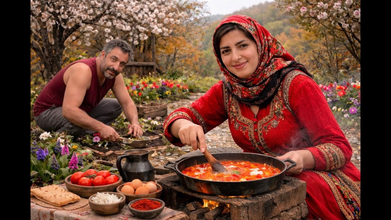Rural life in northern Iran; planting flowers and cooking omelette in the garden 🌻🔥