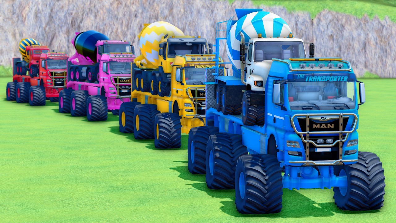 MONSTER FLATBED TRUCK LONG CONVOY TRANSPORT OF COLORS! ALL  MIXER TRUCK, IVECO, MAN, KENWORTH - FS25