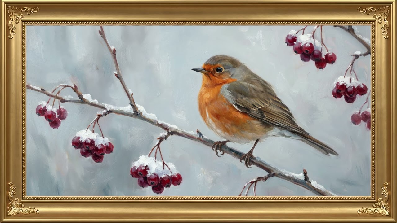 Bird on Viburnum Branch in Winter Silence | 2 Hours No Music | TV Art Screensaver 4K