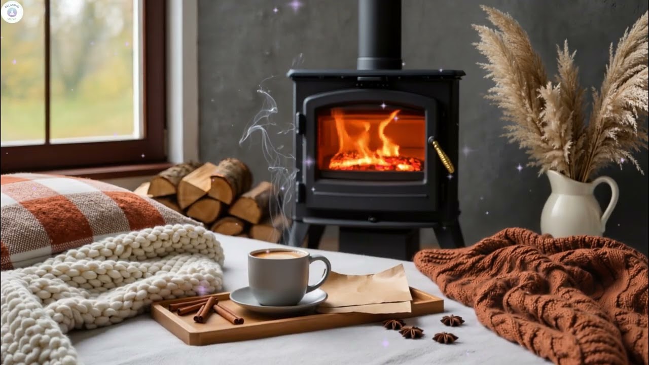 Cozy Autumn Morning Vibes 🍂 Warm Piano Jazz & Fireplace Crackles in a Quiet Cabin